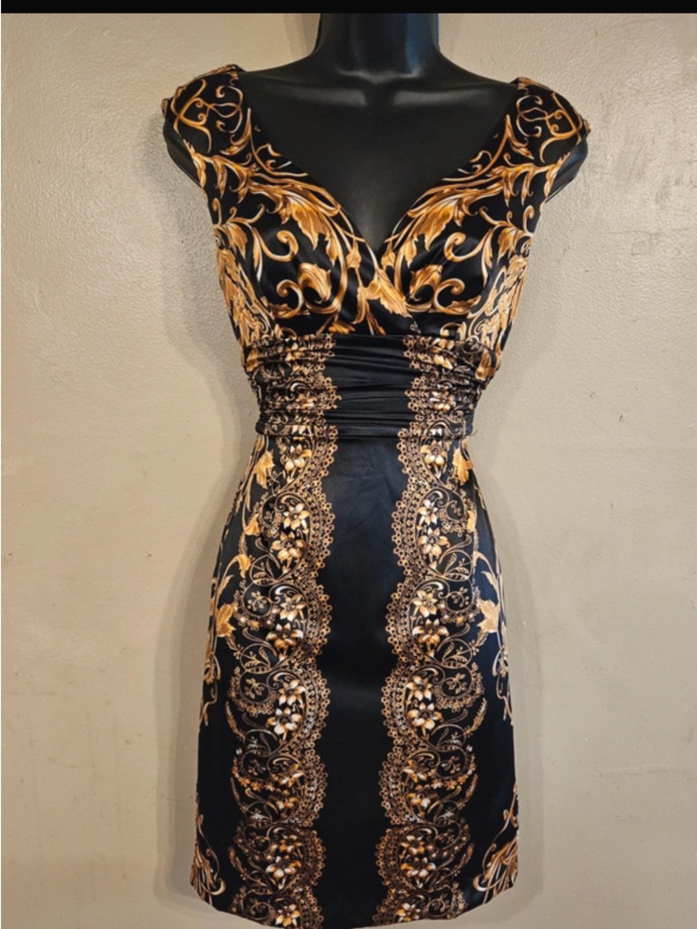 Y2K dress black satin gold baroque print vintage club whimsigoth ballet fairy